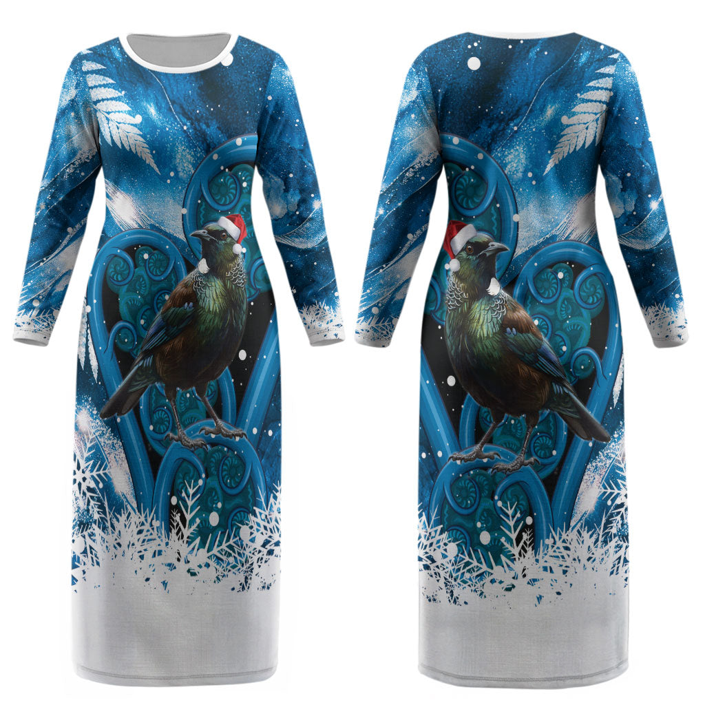 Tui Bird New Zealand Christmas In July Couples Matching Long Sleeve Bodycon Dress and Hawaiian Shirt NZ Aroha Koru Fern Marble Vibes LT14 - Polynesian Pride