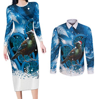 Tui Bird New Zealand Christmas In July Couples Matching Long Sleeve Bodycon Dress and Long Sleeve Button Shirt NZ Aroha Koru Fern Marble Vibes