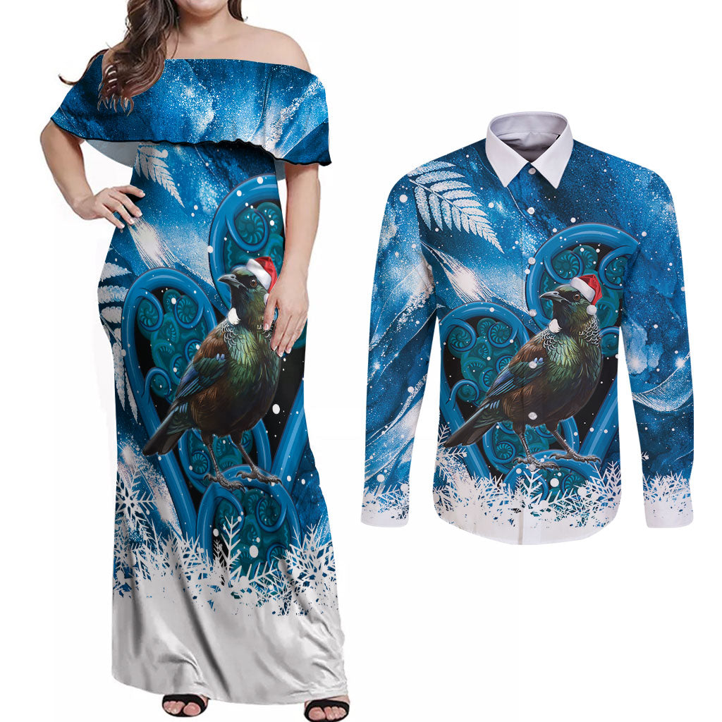 Tui Bird New Zealand Christmas In July Couples Matching Off Shoulder Maxi Dress and Long Sleeve Button Shirt NZ Aroha Koru Fern Marble Vibes LT14 Blue - Polynesian Pride