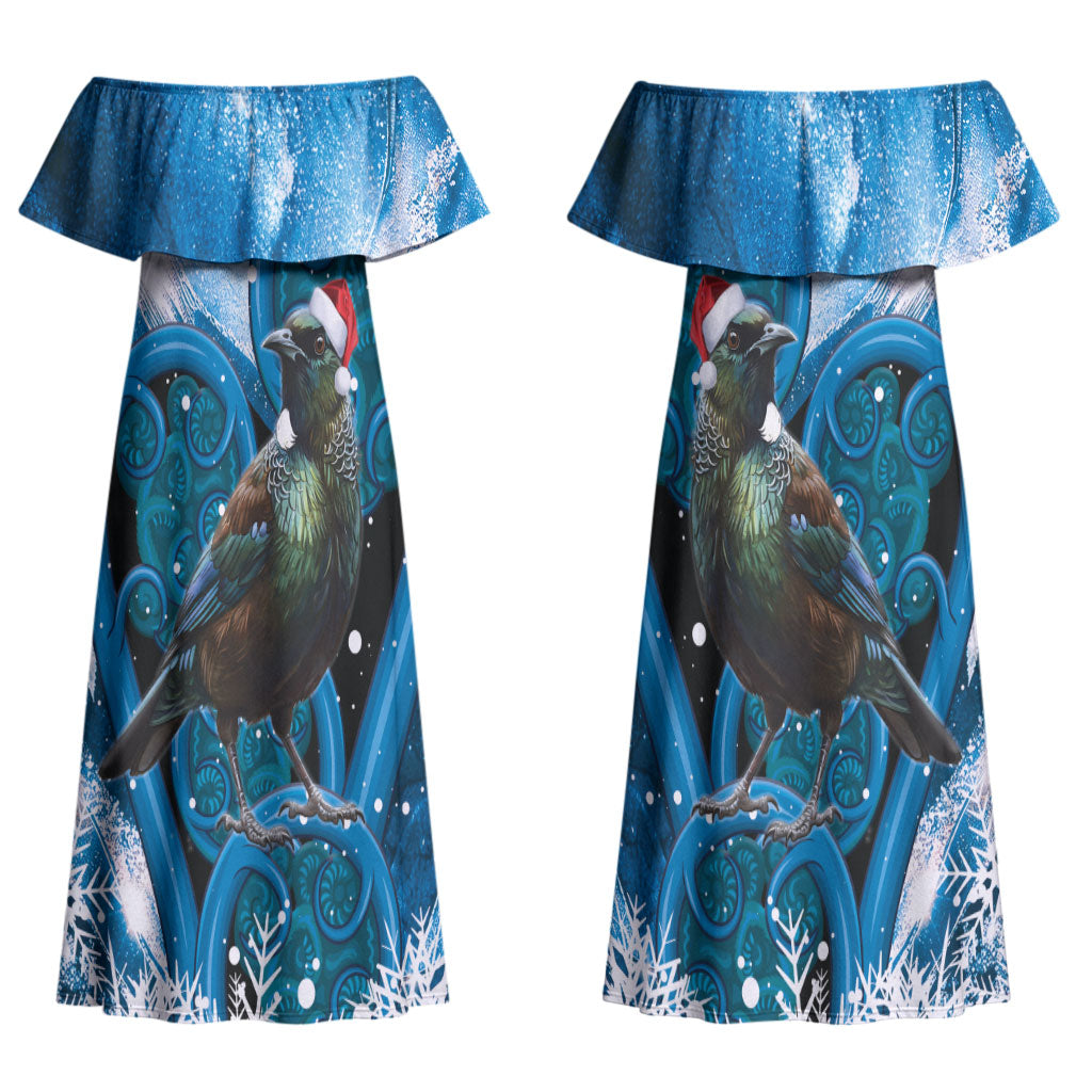 Tui Bird New Zealand Christmas In July Couples Matching Off Shoulder Maxi Dress and Long Sleeve Button Shirt NZ Aroha Koru Fern Marble Vibes LT14 - Polynesian Pride