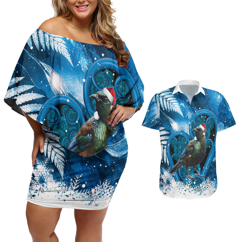 Tui Bird New Zealand Christmas In July Couples Matching Off Shoulder Short Dress and Hawaiian Shirt NZ Aroha Koru Fern Marble Vibes
