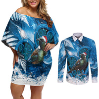 Tui Bird New Zealand Christmas In July Couples Matching Off Shoulder Short Dress and Long Sleeve Button Shirt NZ Aroha Koru Fern Marble Vibes