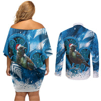 Tui Bird New Zealand Christmas In July Couples Matching Off Shoulder Short Dress and Long Sleeve Button Shirt NZ Aroha Koru Fern Marble Vibes