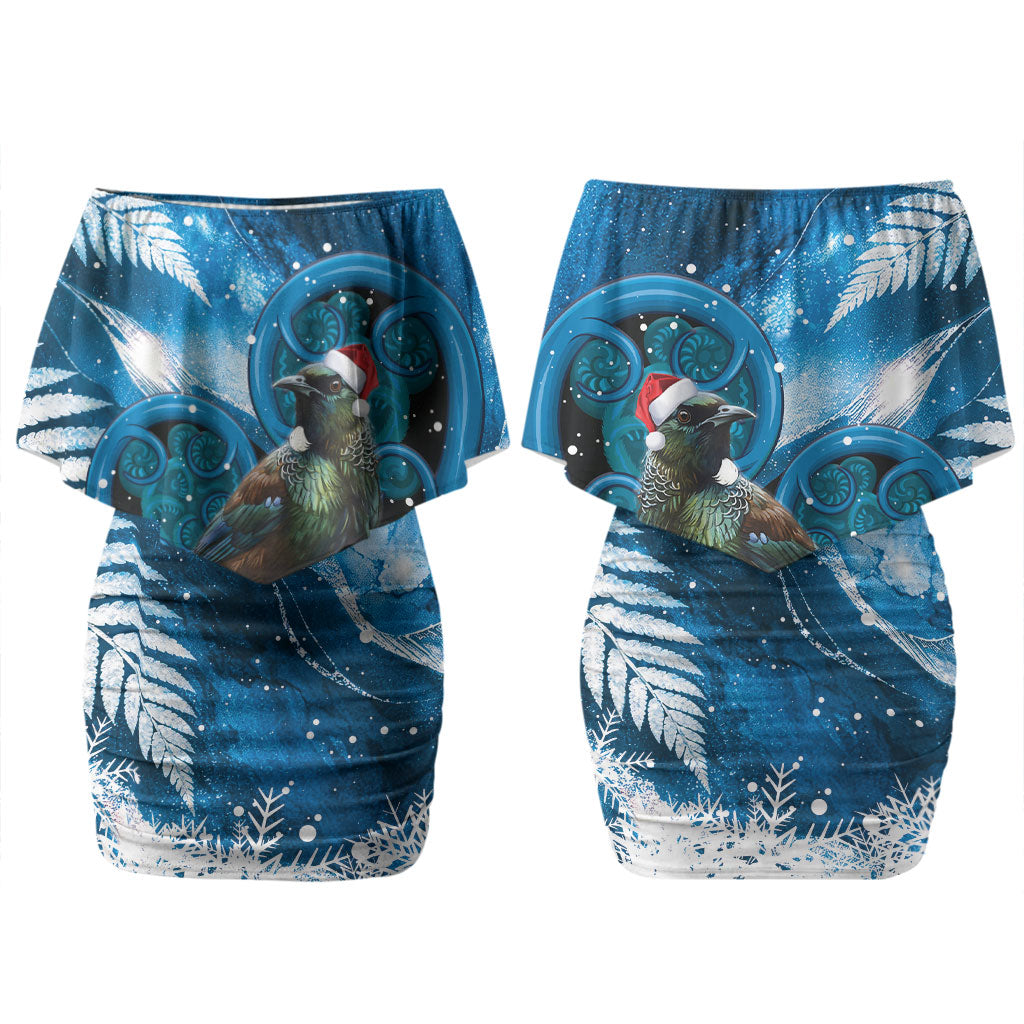Tui Bird New Zealand Christmas In July Couples Matching Off Shoulder Short Dress and Long Sleeve Button Shirt NZ Aroha Koru Fern Marble Vibes LT14 - Polynesian Pride
