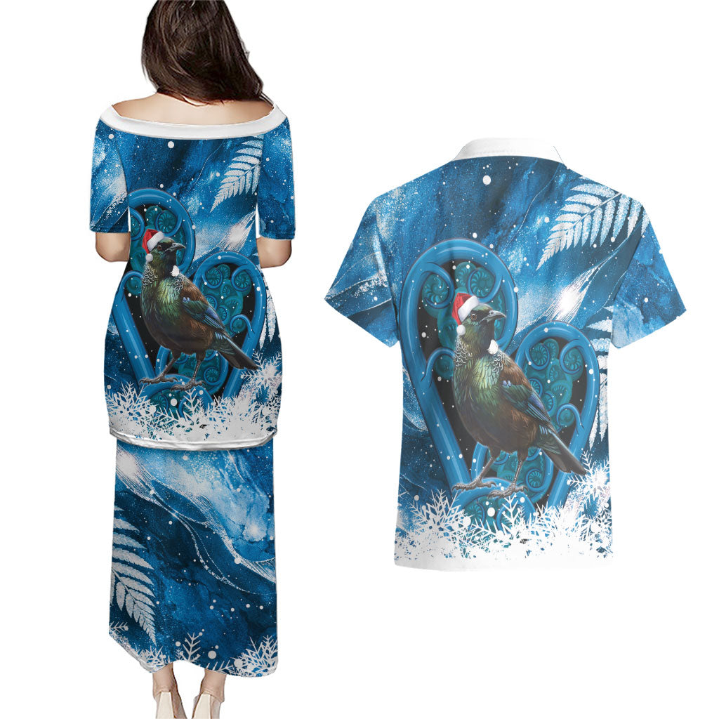 Tui Bird New Zealand Christmas In July Couples Matching Puletasi and Hawaiian Shirt NZ Aroha Koru Fern Marble Vibes