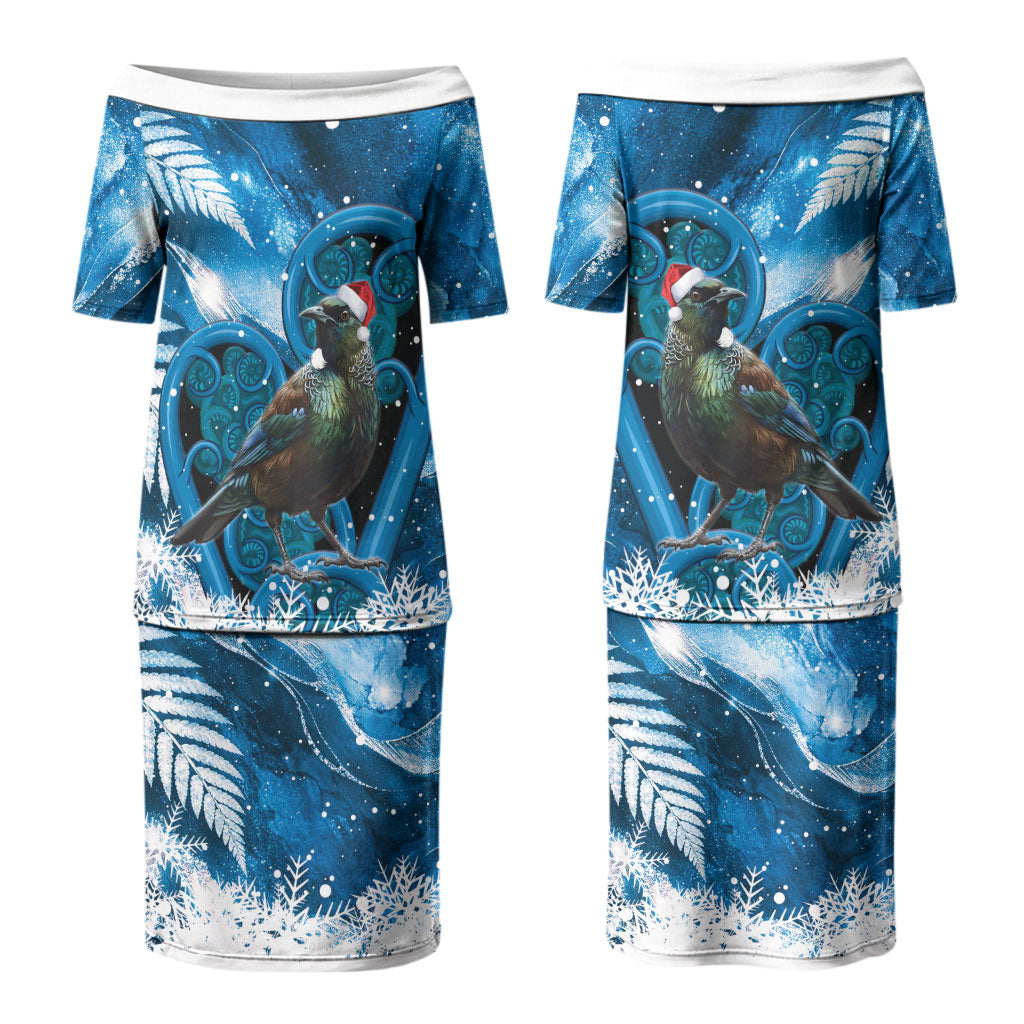 Tui Bird New Zealand Christmas In July Couples Matching Puletasi and Long Sleeve Button Shirt NZ Aroha Koru Fern Marble Vibes LT14 - Polynesian Pride