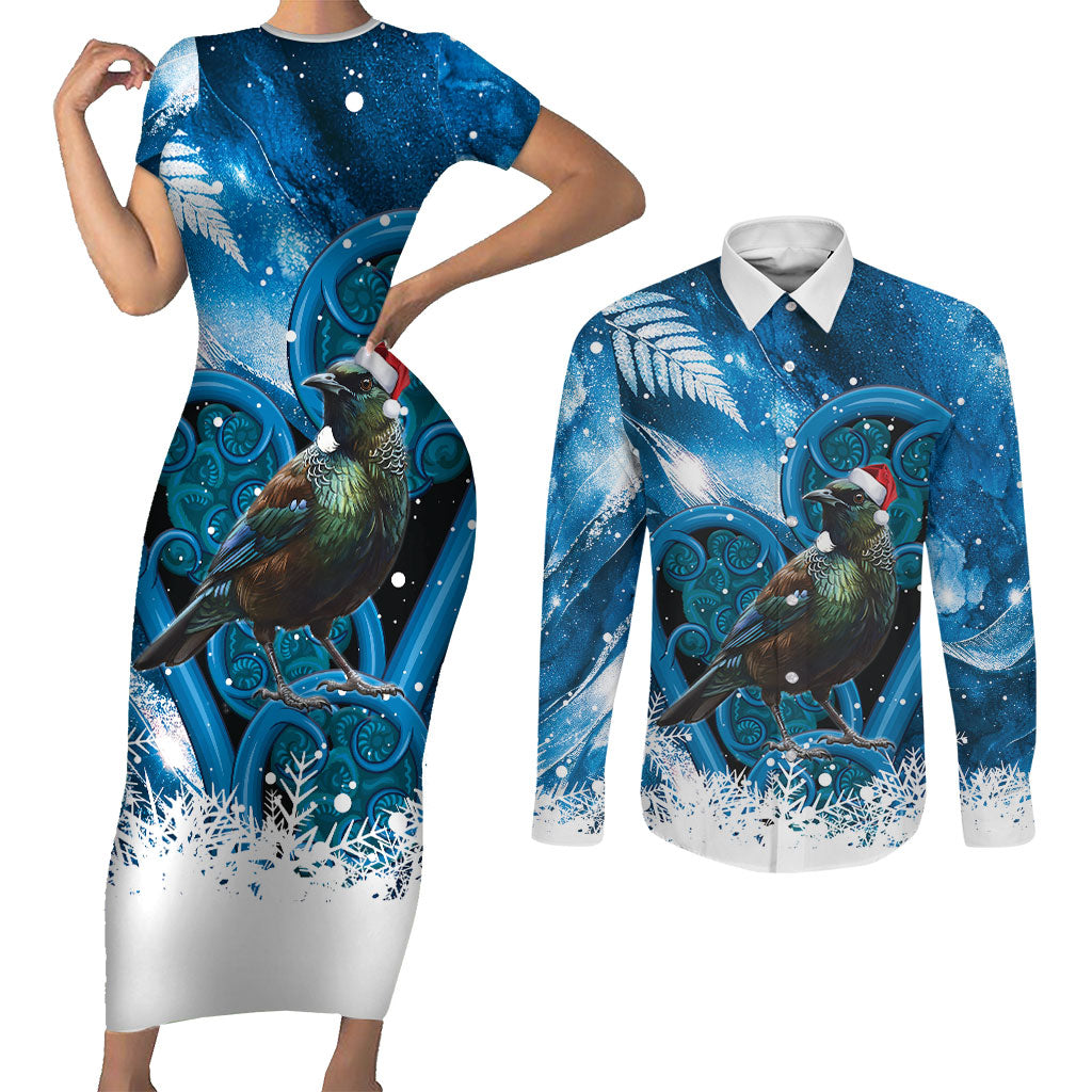 Tui Bird New Zealand Christmas In July Couples Matching Short Sleeve Bodycon Dress and Long Sleeve Button Shirt NZ Aroha Koru Fern Marble Vibes LT14 Blue - Polynesian Pride
