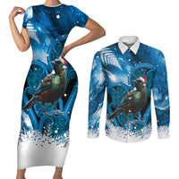Tui Bird New Zealand Christmas In July Couples Matching Short Sleeve Bodycon Dress and Long Sleeve Button Shirt NZ Aroha Koru Fern Marble Vibes