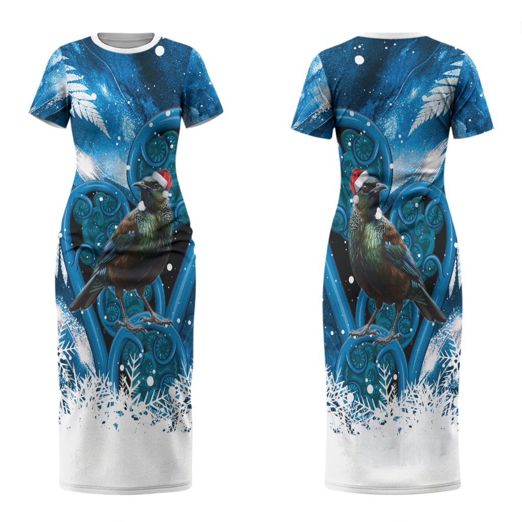 Tui Bird New Zealand Christmas In July Couples Matching Short Sleeve Bodycon Dress and Long Sleeve Button Shirt NZ Aroha Koru Fern Marble Vibes LT14 - Polynesian Pride
