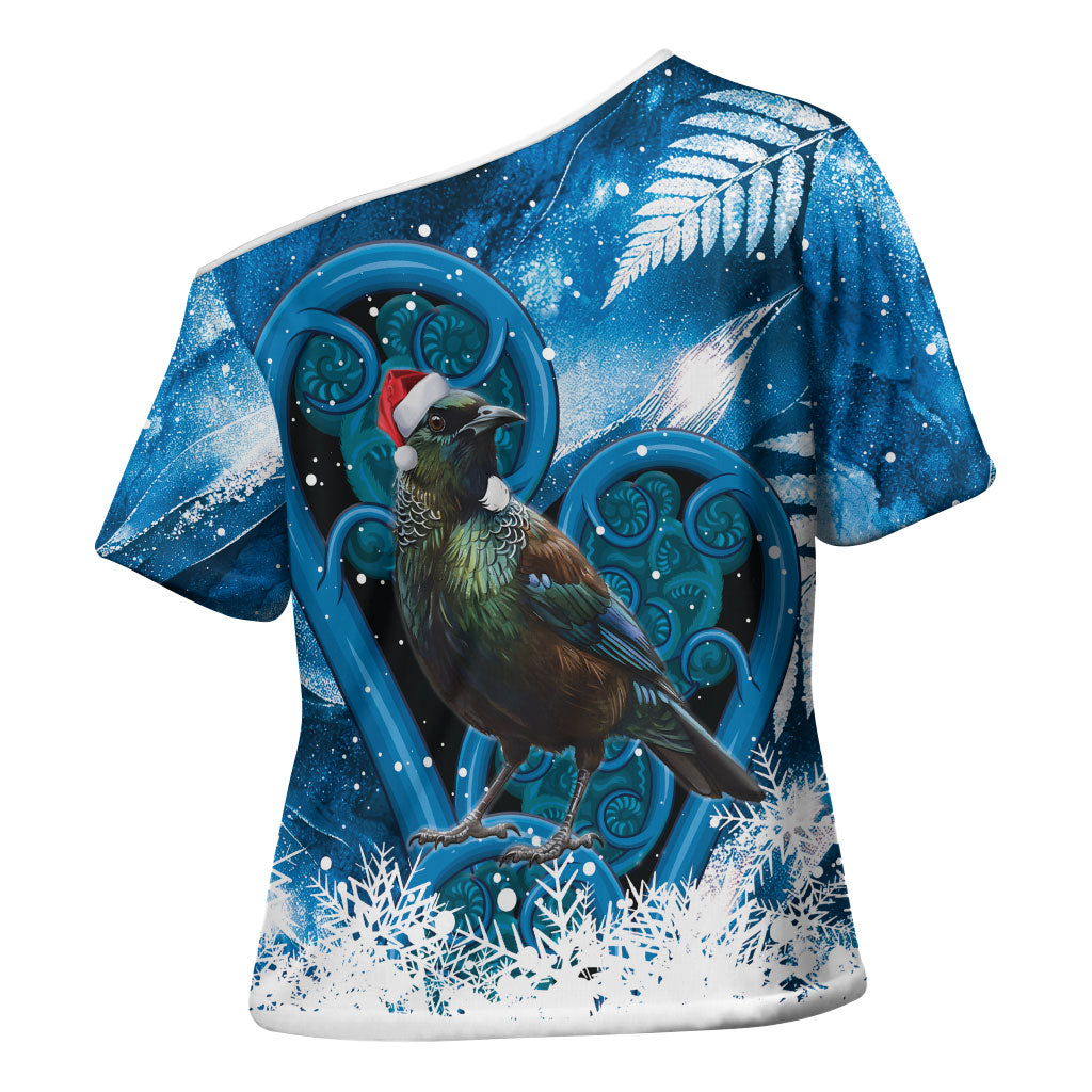 Tui Bird New Zealand Christmas In July Cross Shoulder Shirt NZ Aroha Koru Fern Marble Vibes