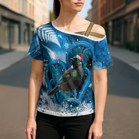 Tui Bird New Zealand Christmas In July Cross Shoulder Shirt NZ Aroha Koru Fern Marble Vibes