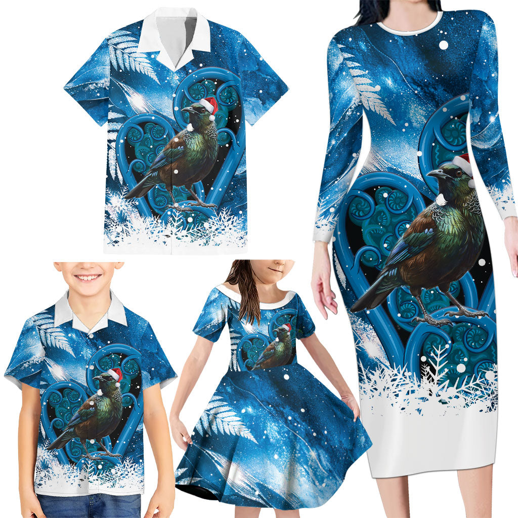 Tui Bird New Zealand Christmas In July Family Matching Long Sleeve Bodycon Dress and Hawaiian Shirt NZ Aroha Koru Fern Marble Vibes