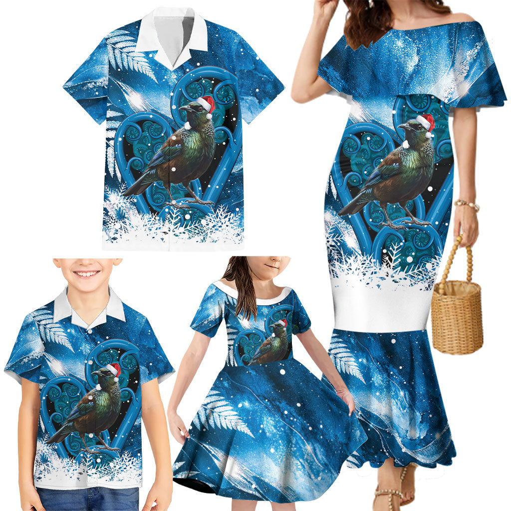 Tui Bird New Zealand Christmas In July Family Matching Mermaid Dress and Hawaiian Shirt NZ Aroha Koru Fern Marble Vibes LT14 - Polynesian Pride