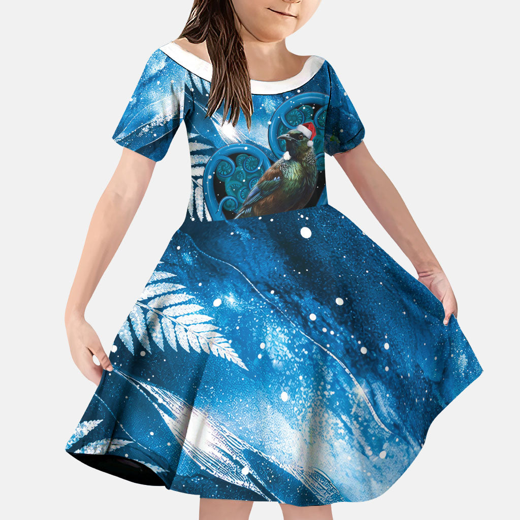 Tui Bird New Zealand Christmas In July Family Matching Off The Shoulder Long Sleeve Dress and Hawaiian Shirt NZ Aroha Koru Fern Marble Vibes