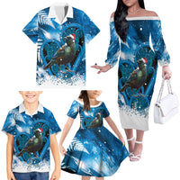 Tui Bird New Zealand Christmas In July Family Matching Off The Shoulder Long Sleeve Dress and Hawaiian Shirt NZ Aroha Koru Fern Marble Vibes