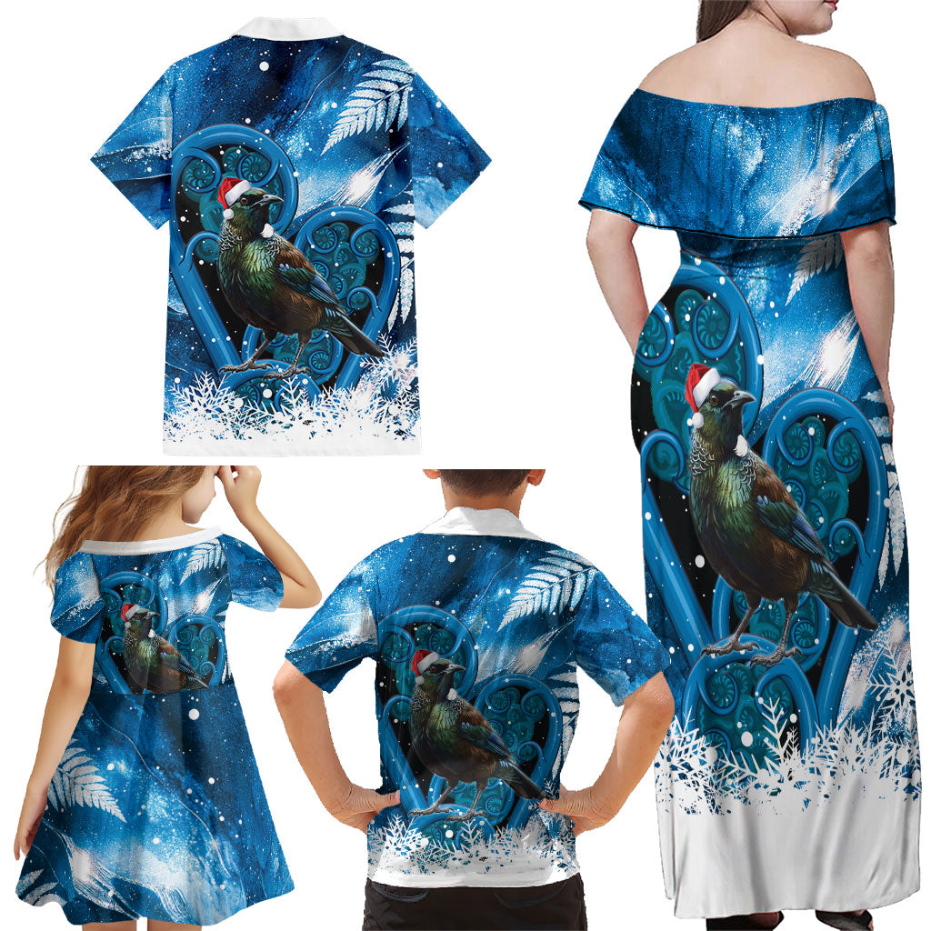 Tui Bird New Zealand Christmas In July Family Matching Off Shoulder Maxi Dress and Hawaiian Shirt NZ Aroha Koru Fern Marble Vibes