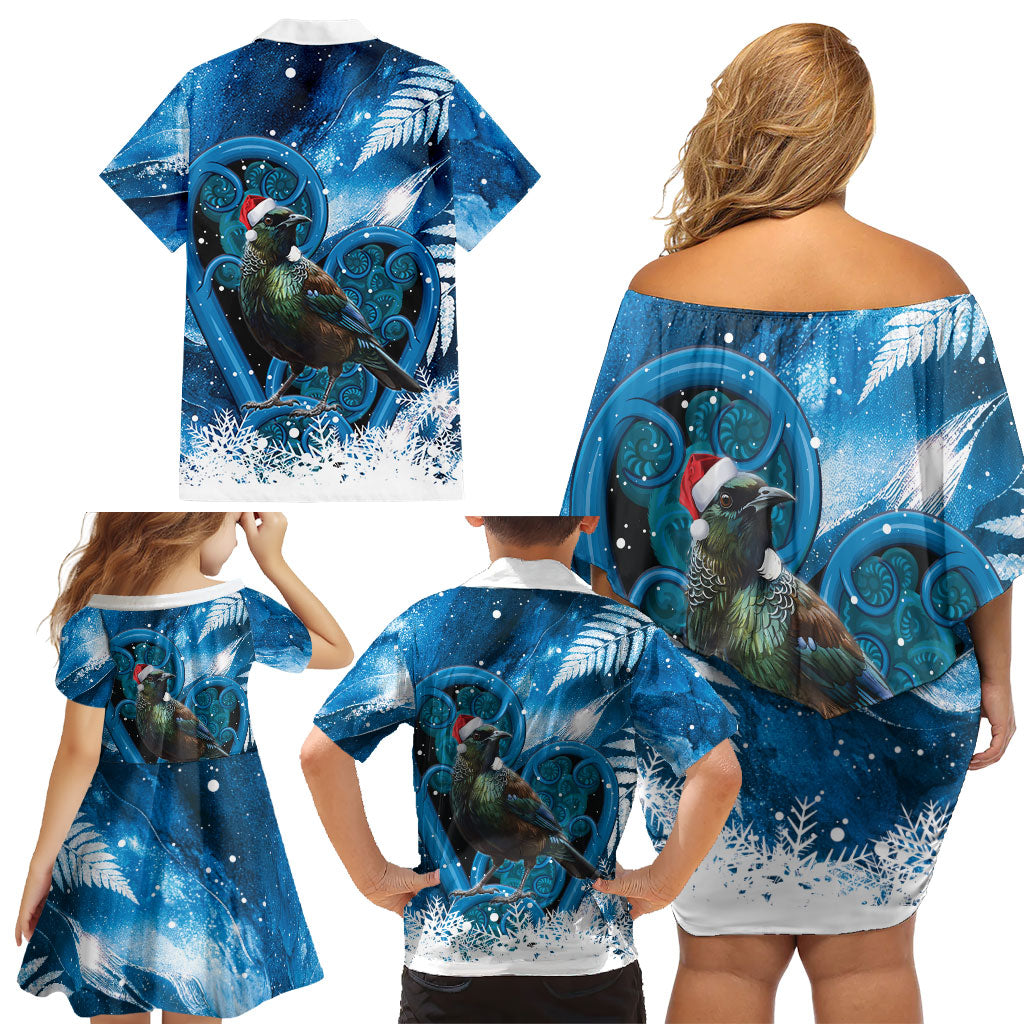 Tui Bird New Zealand Christmas In July Family Matching Off Shoulder Short Dress and Hawaiian Shirt NZ Aroha Koru Fern Marble Vibes