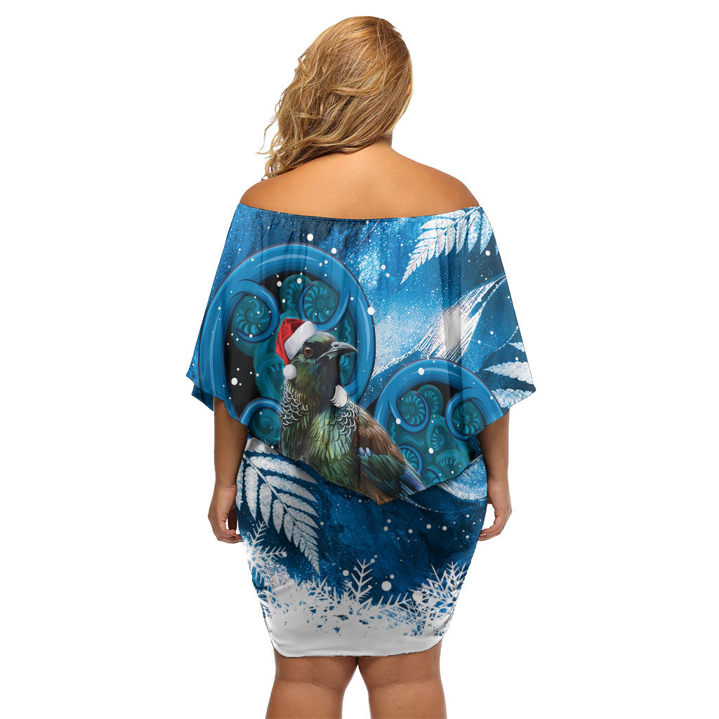 Tui Bird New Zealand Christmas In July Family Matching Off Shoulder Short Dress and Hawaiian Shirt NZ Aroha Koru Fern Marble Vibes