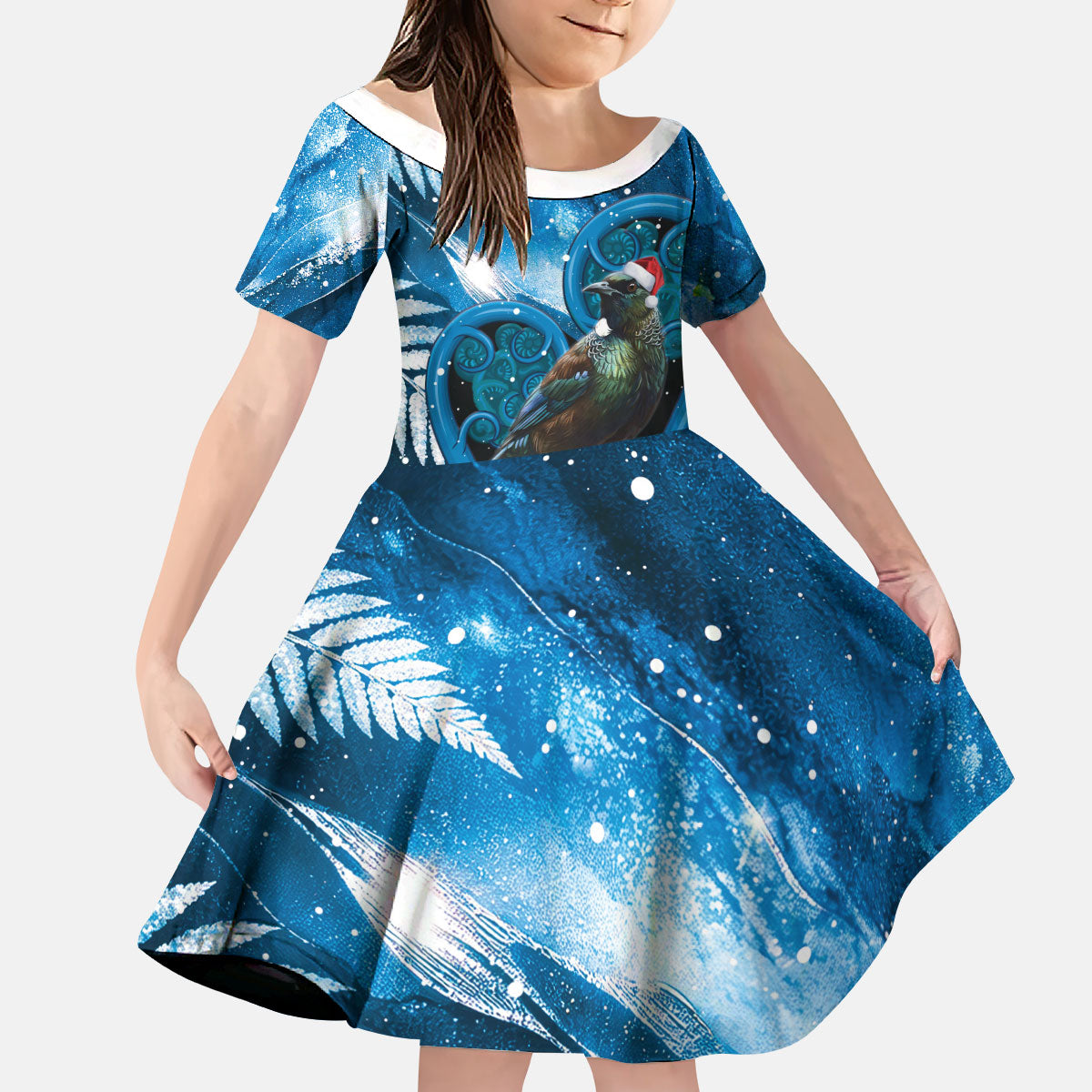 Tui Bird New Zealand Christmas In July Kid Short Sleeve Dress NZ Aroha Koru Fern Marble Vibes LT14 KID Blue - Polynesian Pride