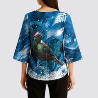 Tui Bird New Zealand Christmas In July Kimono Sleeve Blouse NZ Aroha Koru Fern Marble Vibes