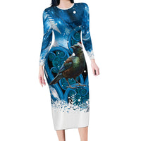 Tui Bird New Zealand Christmas In July Long Sleeve Bodycon Dress NZ Aroha Koru Fern Marble Vibes