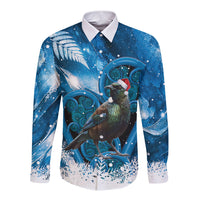 Tui Bird New Zealand Christmas In July Long Sleeve Button Shirt NZ Aroha Koru Fern Marble Vibes