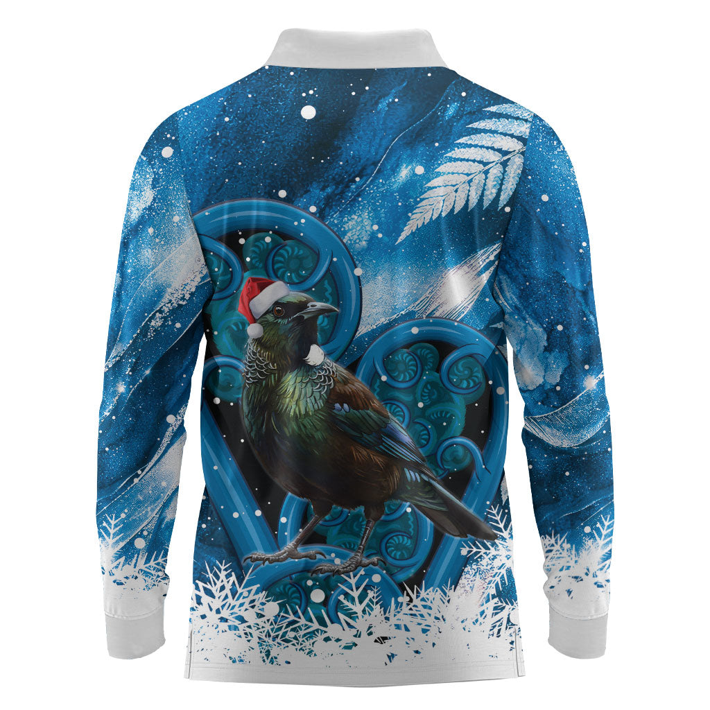 Tui Bird New Zealand Christmas In July Long Sleeve Polo Shirt NZ Aroha Koru Fern Marble Vibes