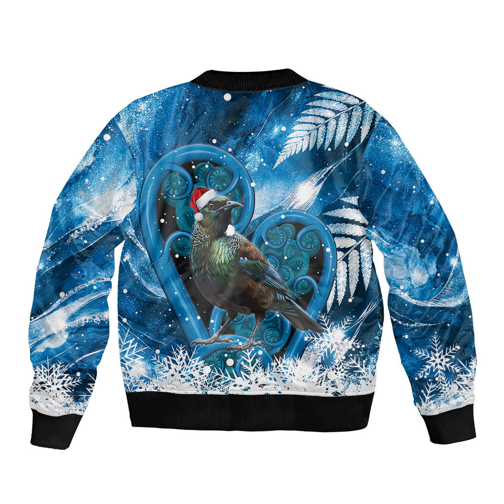 Tui Bird New Zealand Christmas In July Sleeve Zip Bomber Jacket NZ Aroha Koru Fern Marble Vibes