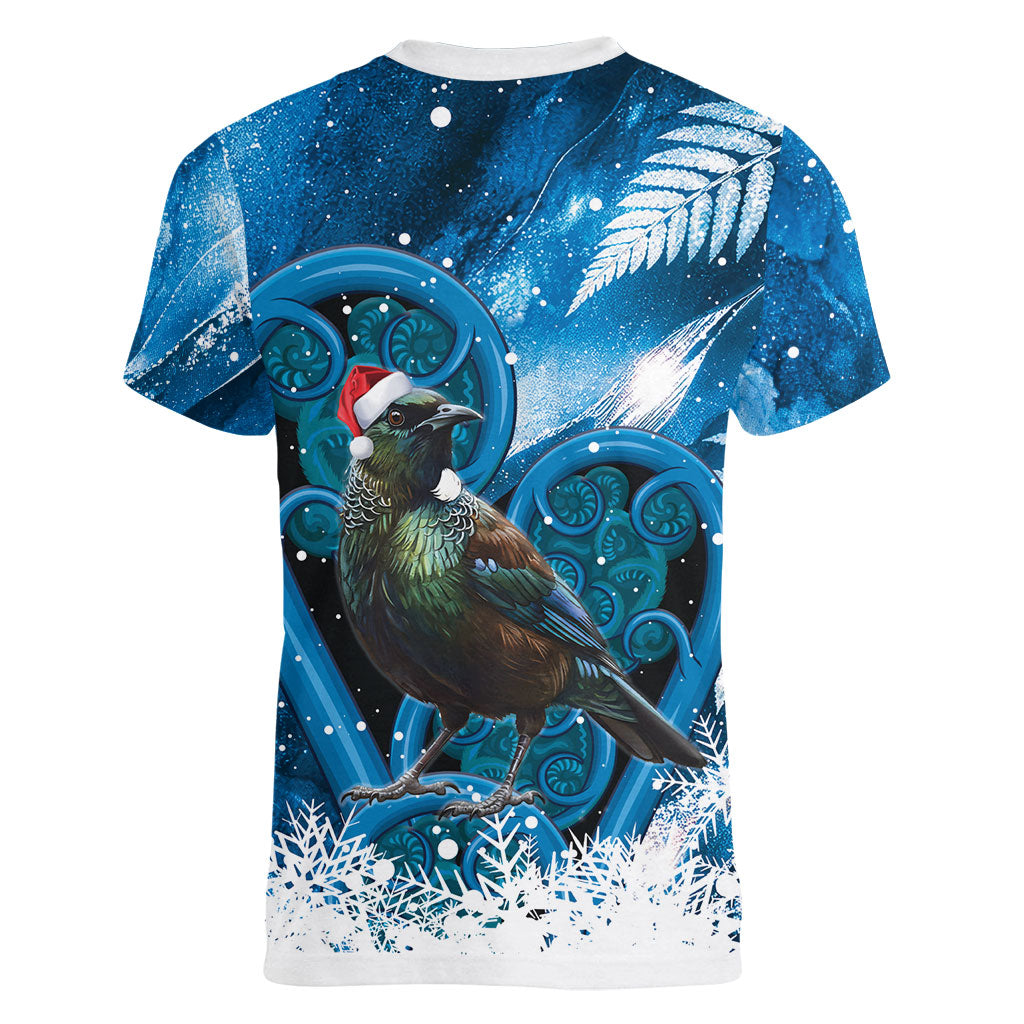 Tui Bird New Zealand Christmas In July Women V-Neck T-Shirt NZ Aroha Koru Fern Marble Vibes
