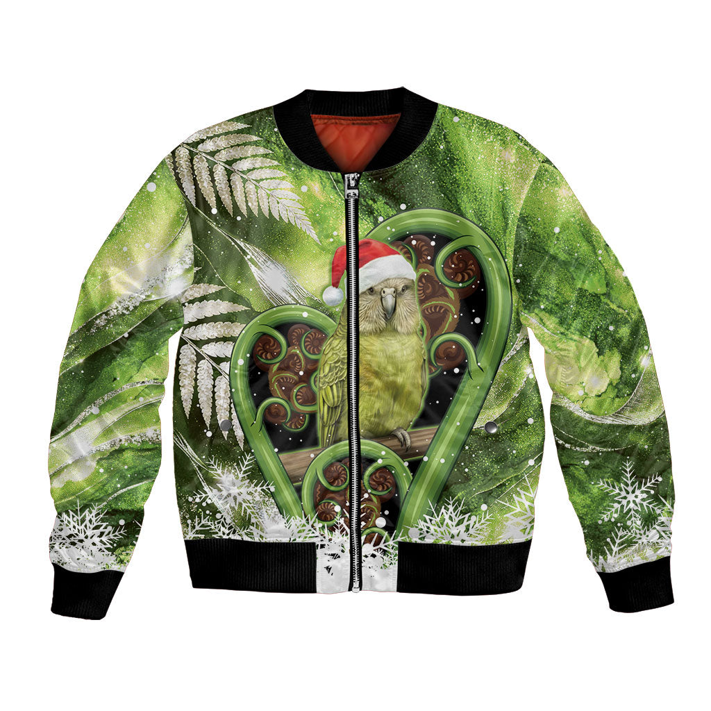 Kakapo New Zealand Christmas In July Bomber Jacket NZ Aroha Koru Fern Marble Vibes LT14 Unisex Green - Polynesian Pride