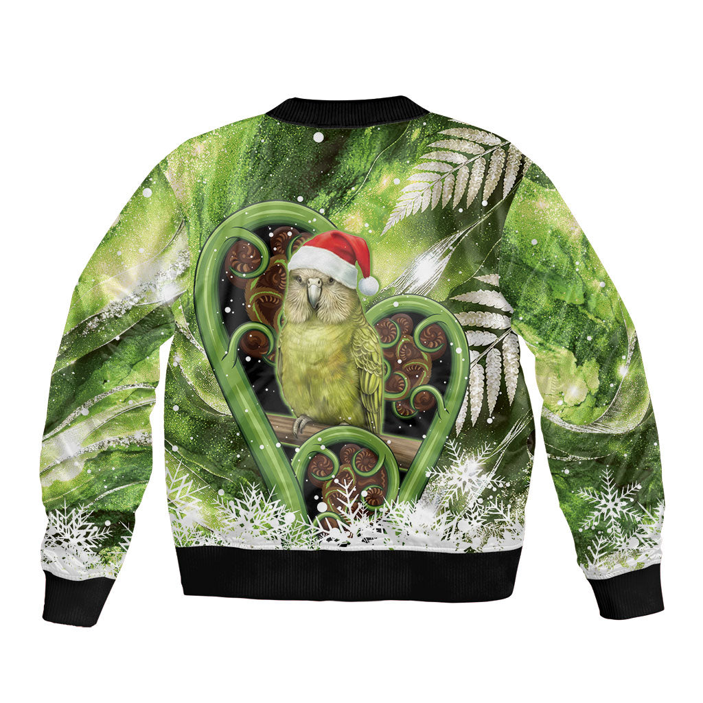 Kakapo New Zealand Christmas In July Bomber Jacket NZ Aroha Koru Fern Marble Vibes