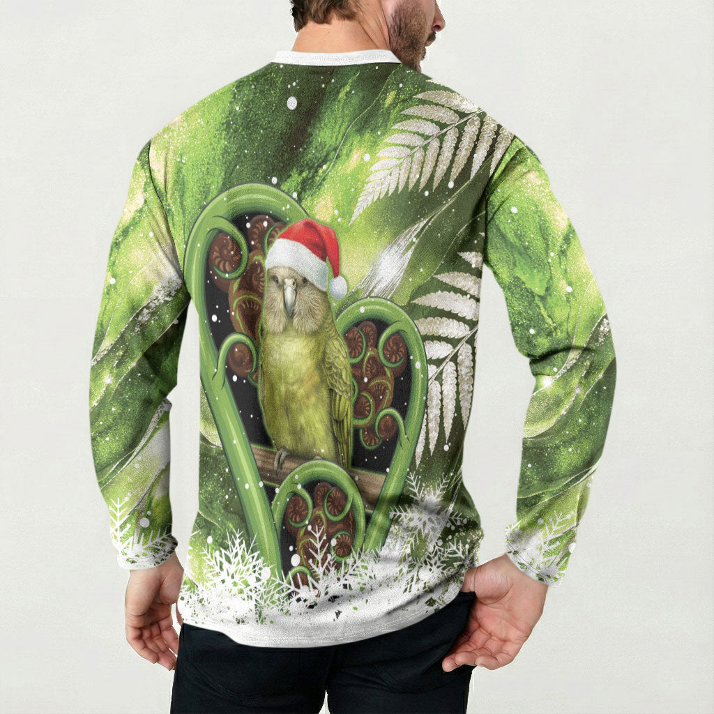 Kakapo New Zealand Christmas In July Button Sweatshirt NZ Aroha Koru Fern Marble Vibes