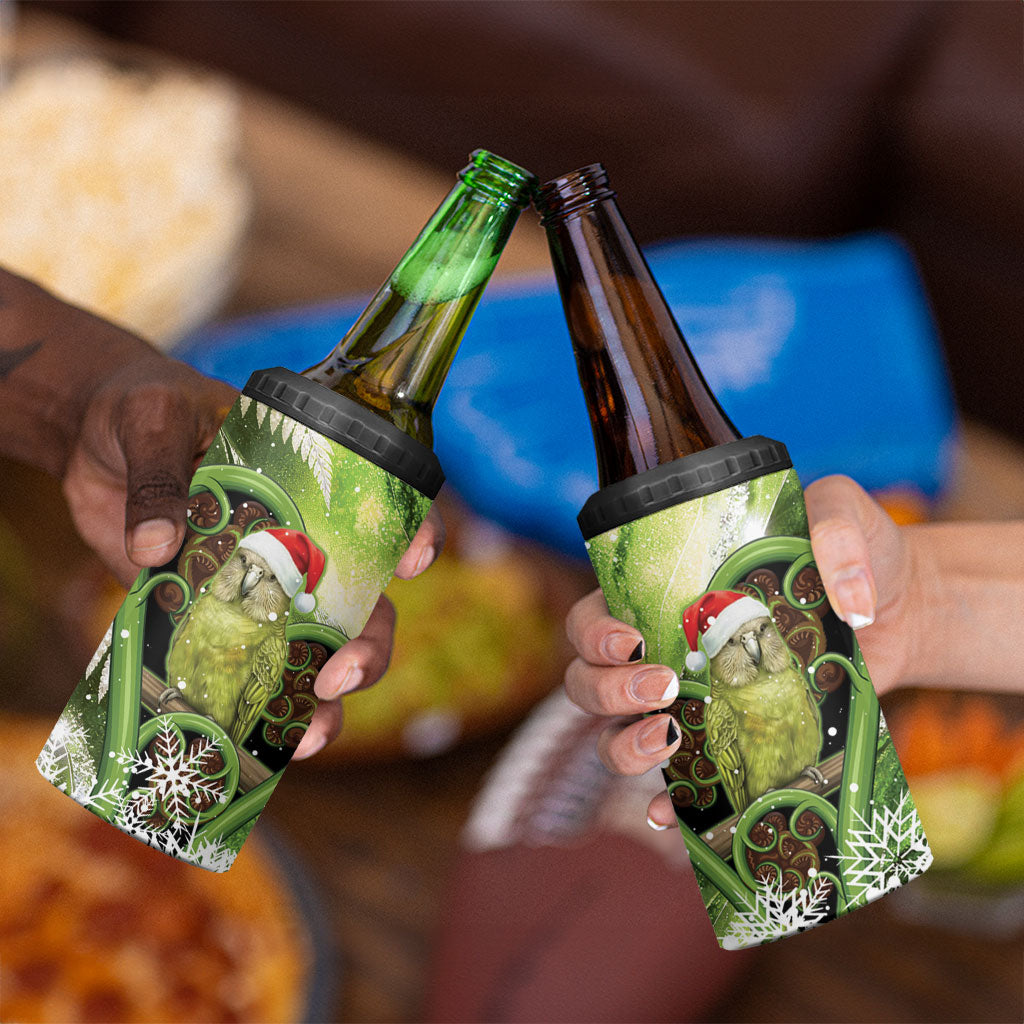 Kakapo New Zealand Christmas In July 4 in 1 Can Cooler Tumbler NZ Aroha Koru Fern Marble Vibes
