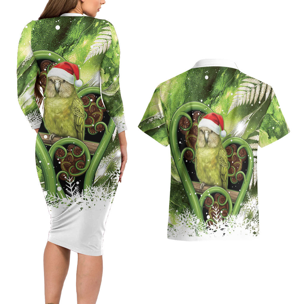 Kakapo New Zealand Christmas In July Couples Matching Long Sleeve Bodycon Dress and Hawaiian Shirt NZ Aroha Koru Fern Marble Vibes