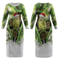 Kakapo New Zealand Christmas In July Couples Matching Long Sleeve Bodycon Dress and Hawaiian Shirt NZ Aroha Koru Fern Marble Vibes LT14 - Polynesian Pride