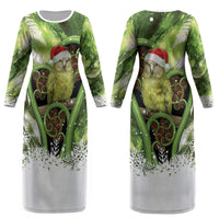 Kakapo New Zealand Christmas In July Couples Matching Long Sleeve Bodycon Dress and Long Sleeve Button Shirt NZ Aroha Koru Fern Marble Vibes LT14 - Polynesian Pride