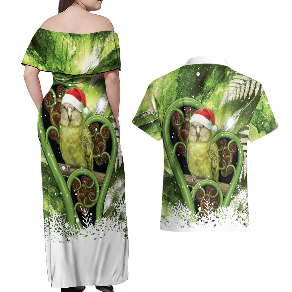 Kakapo New Zealand Christmas In July Couples Matching Off Shoulder Maxi Dress and Hawaiian Shirt NZ Aroha Koru Fern Marble Vibes