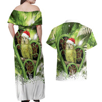 Kakapo New Zealand Christmas In July Couples Matching Off Shoulder Maxi Dress and Hawaiian Shirt NZ Aroha Koru Fern Marble Vibes