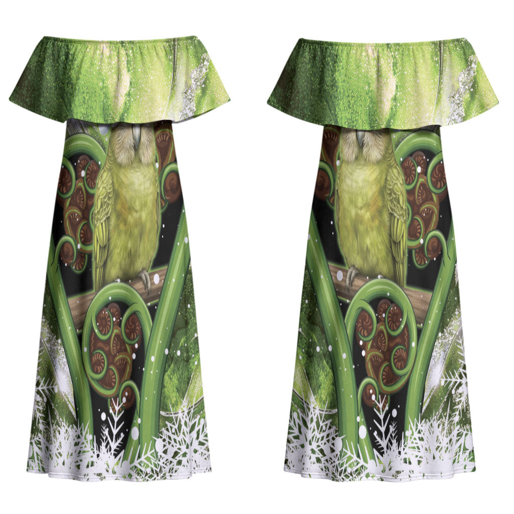 Kakapo New Zealand Christmas In July Couples Matching Off Shoulder Maxi Dress and Hawaiian Shirt NZ Aroha Koru Fern Marble Vibes LT14 - Polynesian Pride