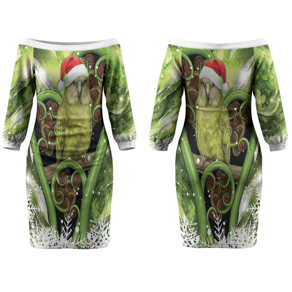 Kakapo New Zealand Christmas In July Couples Matching Off The Shoulder Long Sleeve Dress and Long Sleeve Button Shirt NZ Aroha Koru Fern Marble Vibes LT14 - Polynesian Pride