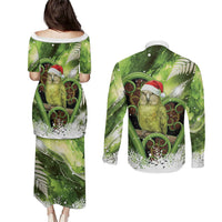 Kakapo New Zealand Christmas In July Couples Matching Puletasi and Long Sleeve Button Shirt NZ Aroha Koru Fern Marble Vibes