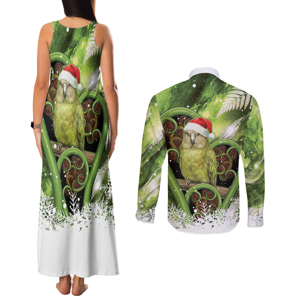 Kakapo New Zealand Christmas In July Couples Matching Tank Maxi Dress and Long Sleeve Button Shirt NZ Aroha Koru Fern Marble Vibes