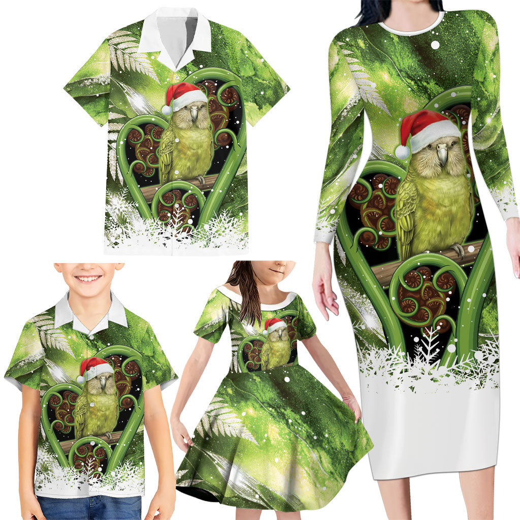 Kakapo New Zealand Christmas In July Family Matching Long Sleeve Bodycon Dress and Hawaiian Shirt NZ Aroha Koru Fern Marble Vibes LT14 - Polynesian Pride