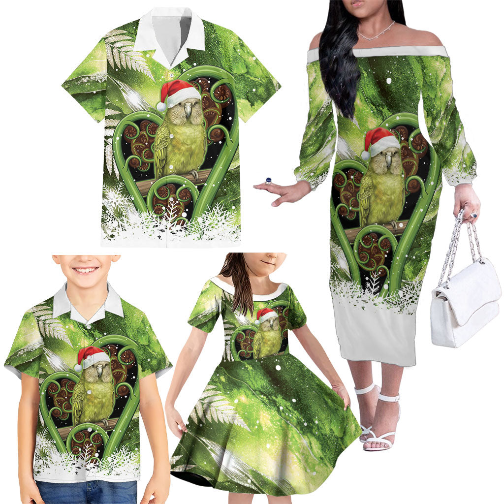 Kakapo New Zealand Christmas In July Family Matching Off The Shoulder Long Sleeve Dress and Hawaiian Shirt NZ Aroha Koru Fern Marble Vibes LT14 - Polynesian Pride