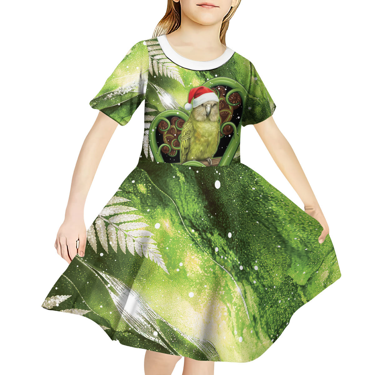 Kakapo New Zealand Christmas In July Kid Short Sleeve Dress NZ Aroha Koru Fern Marble Vibes