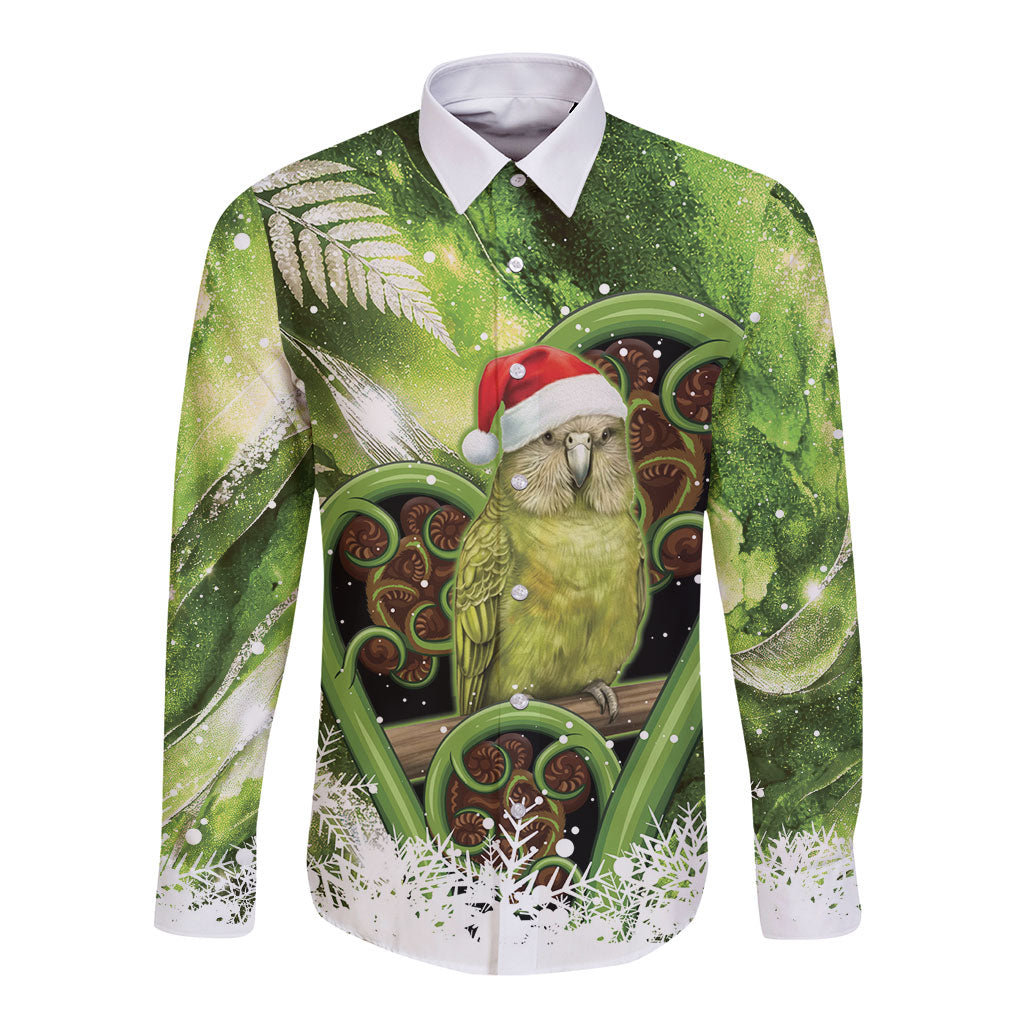 Kakapo New Zealand Christmas In July Long Sleeve Button Shirt NZ Aroha Koru Fern Marble Vibes LT14 Unisex Green - Polynesian Pride