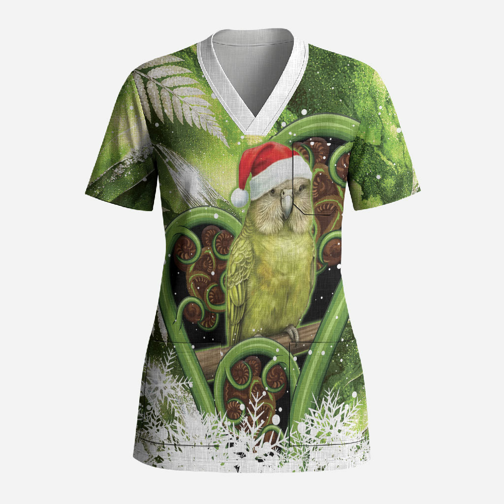 Kakapo New Zealand Christmas In July Scrub Top NZ Aroha Koru Fern Marble Vibes LT14 Adult Green - Polynesian Pride