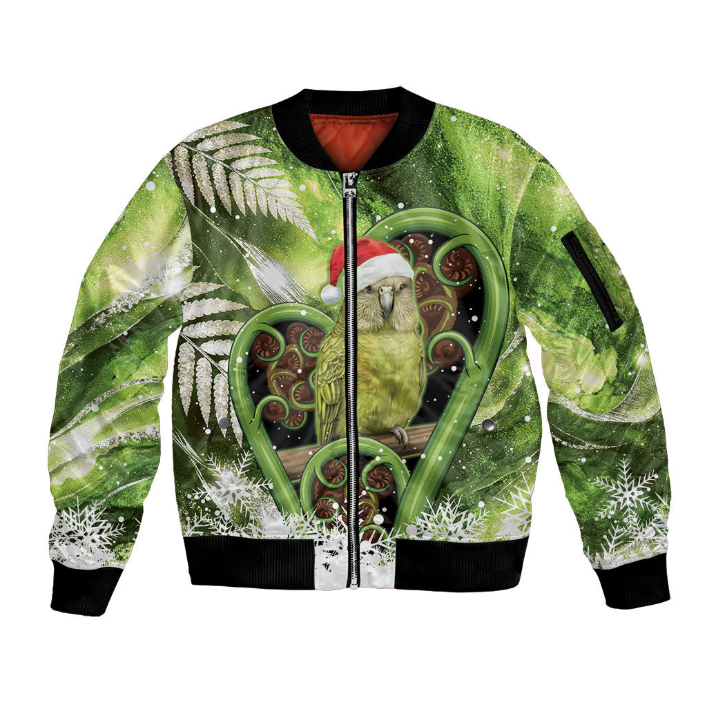 Kakapo New Zealand Christmas In July Sleeve Zip Bomber Jacket NZ Aroha Koru Fern Marble Vibes LT14 Unisex Green - Polynesian Pride