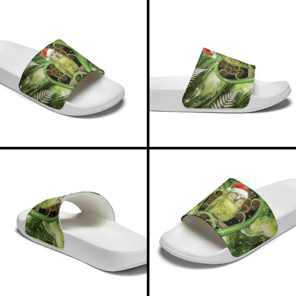 Kakapo New Zealand Christmas In July Slide Sandals NZ Aroha Koru Fern Marble Vibes