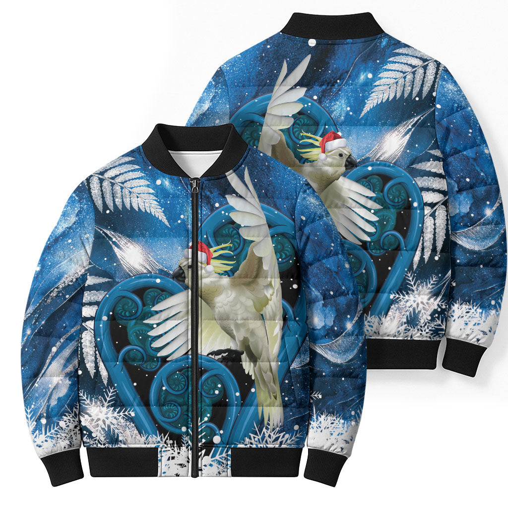 Sulphur-crested Cockatoo New Zealand Christmas In July Bomber Puffer Jacket NZ Aroha Koru Fern Marble Vibes